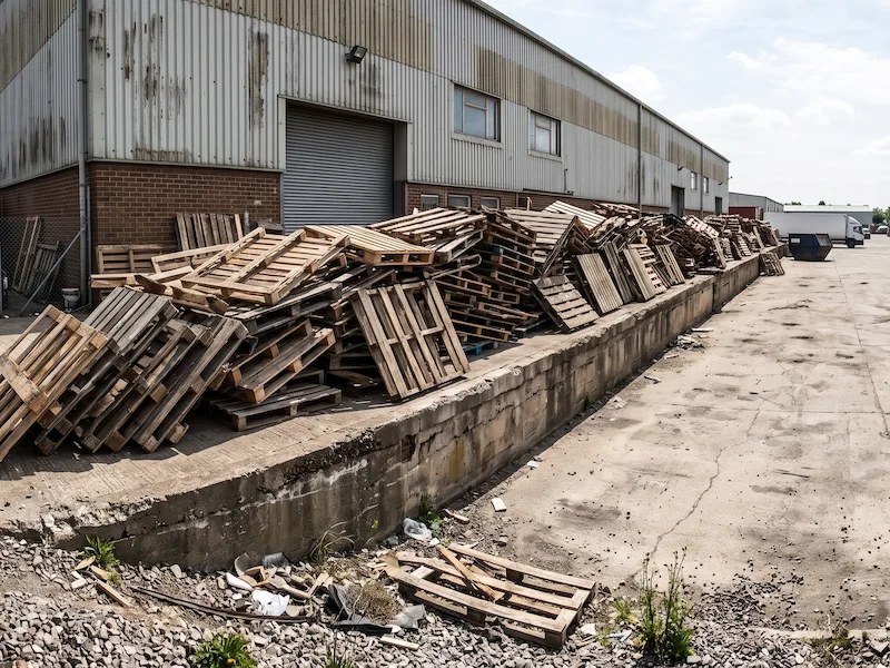 Palettes abîmées et dépareillées entassées le long d’un quai, en attente d’enlèvement