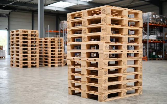 Palettes Europe / EPAL d’occasion 800 × 1200 empilées sur plusieurs rangées
