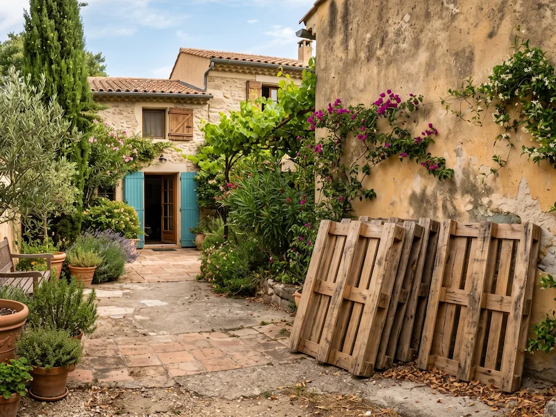Quelques palettes en bois appuyées contre un mur dans la cour d’une maison