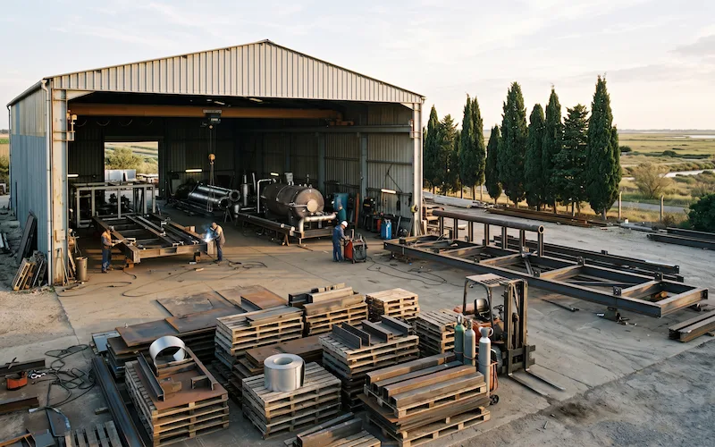 Atelier de chaudronnerie ouvert, structures métalliques en cours d’assemblage, palettes chargées de tôles au premier plan