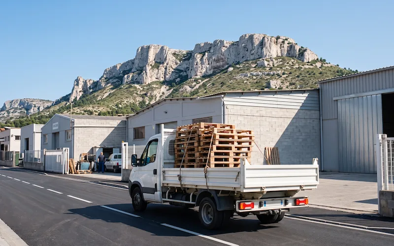 Zone industrielle des Paluds à Aubagne, palettes en attente d’enlèvement