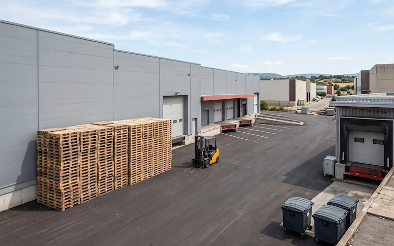 Quai de réserve d’une zone commerciale : hautes piles de palettes le long du bâtiment, chariot élévateur et camion à quai