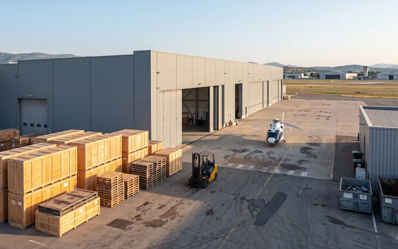 Abords d’un hangar aéronautique : caisses d’emballage en bois et palettes empilées, chariot élévateur, hélicoptère sur l’aire de stationnement