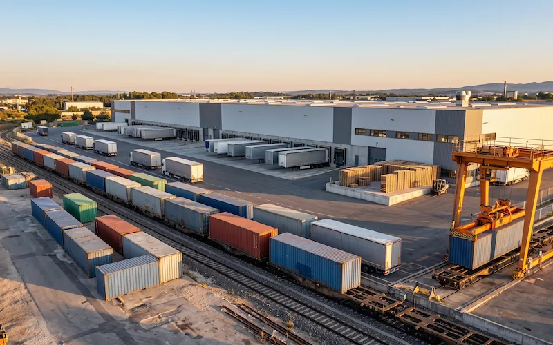 Terminal rail-route de Miramas : conteneurs sur wagons et portique au premier plan, quais de chargement et palettes empilées devant l’entrepôt logistique