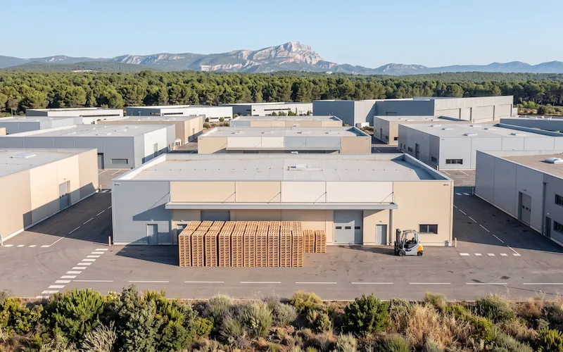 Parc industriel devant la Sainte-Victoire : longue rangée de palettes sous l’auvent d’un bâtiment, chariot élévateur