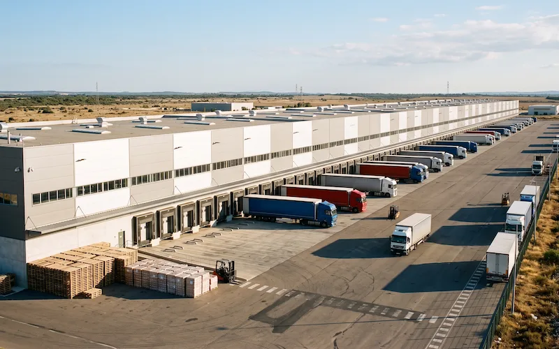 Très grand entrepôt logistique : longue façade de quais, semi-remorques alignés, palettes empilées au pied du bâtiment
